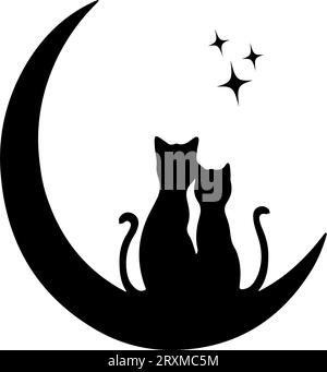Deux silhouettes de chats assis sur la lune. Personnage de dessin animé. Décalcomanies murales, œuvres d'art, art minimaliste Illustration vectorielle Illustration de Vecteur