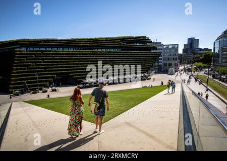 Vue depuis le toit vert accessible à pied du pavillon triangulaire jusqu'au bâtiment Koe-Bogen II avec sa façade verte, vallée d'Ingenhoven, Gustaf-Gruendgens Banque D'Images