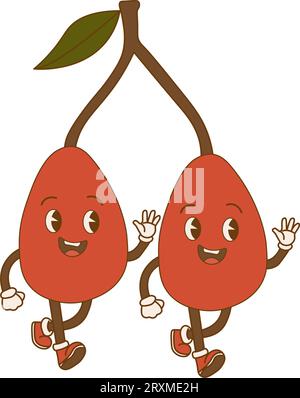 Drôle de couple de cerises sous forme d'œufs dans un style rétro. Joyeux jour de Pâques. Deux baies heureuses des années 70 en forme d'œufs. Illustration vectorielle Illustration de Vecteur