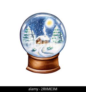 Globe boule de neige en verre aquarelle sur support en bois. Illustration de Noël du village d'hiver avec la neige tombante isolé sur fond blanc. Pour designer Banque D'Images