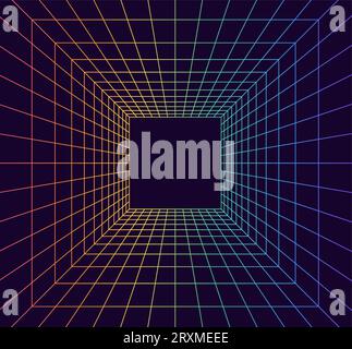 Salle de grille en perspective dans le style 3D. Wireframe intérieur à partir du faisceau laser arc-en-ciel, boîte vide numérique. Design géométrique abstrait. Illustration vectorielle Illustration de Vecteur
