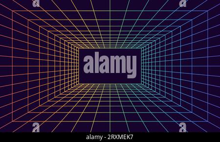 Salle de grille en perspective dans le style 3D. Wireframe intérieur à partir du faisceau laser arc-en-ciel, boîte vide numérique. Design géométrique abstrait. Illustration vectorielle Illustration de Vecteur