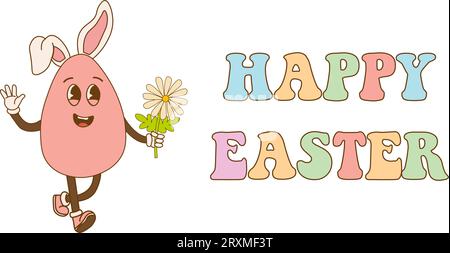 Oeuf rétro groovy. Oeuf heureux hippie dans le style de bande dessinée rétro. Joyeux jour de Pâques. Illustration vectorielle Illustration de Vecteur