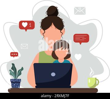 Femme freelance travaillant de la maison avec l'enfant. maman célibataire prenant soin de sa fille seule. Famille monoparentale. Illustration vectorielle Illustration de Vecteur