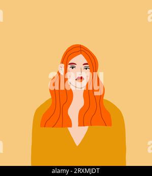 Beau portrait de femme de tête rouge sur fond jaune. Triste jeune femme. . Illustration vectorielle Illustration de Vecteur