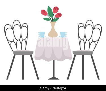 Table de style plat Vector avec chaises, vase avec fleurs, tasses à café. Meuble mignon. Icône de symbole français isolée sur fond blanc. Romanti Illustration de Vecteur