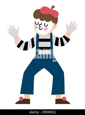 MIME en béret et chemise rayée effectuant un tour. Illustration de clown français vectoriel. Mignon caractère traditionnel de l'icône de la France isolé sur le fond blanc Illustration de Vecteur