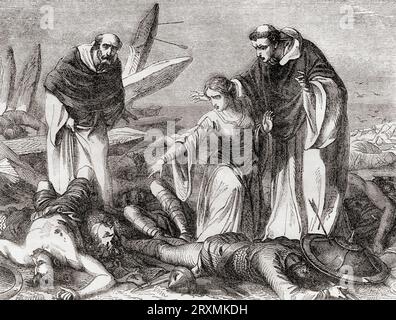 Edith la Foire identifiant le corps de son mari le roi Harold après sa mort à la bataille de Hastings, 1066. Extrait de Cassell's Illustrated History of England, publié en 1857. Banque D'Images