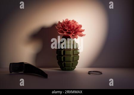La fleur dans la grenade à main démontée - concept anti-guerre. illustration 3d du vase pour fleurs en arme à bombe avec anneau et levier Banque D'Images