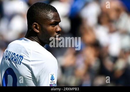 Marcus Thuram, du FC Internazionale, revient sur le match de football Serie A entre Empoli FC et FC Internazionale au stade Carlo Castellani à Empoli (Italie), le 24 septembre 2023. Banque D'Images