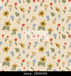 Papier peint Cottagecore imprimé avec chintz romantique Meadow Wildflowers et fleurs de jardin sur vieille feuille de papier beige vintage. Te rétro traditionnel Illustration de Vecteur