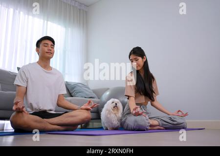 Un jeune couple joue au yoga à la maison. Concept de style de vie et d'activités de loisirs. Banque D'Images