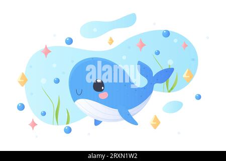 une baleine mignonne dans le style de dessin animé. Illustration vectorielle. Imprimé T-shirt, pour enfants baleines bleues, icônes pour enfants pour autocollants, baby shower, livres. Illustration de Vecteur