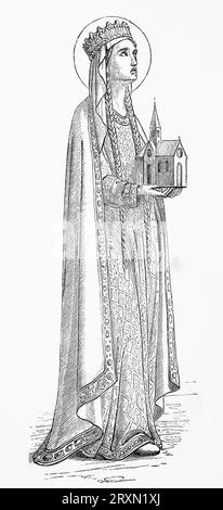 Sainte Clotilda, Reine des Francs. Deuxième épouse du roi franc Clovis I. Elle, avec Clovis, construit l'église des Saints-Apôtres à Paris, connue par la suite sous le nom d'abbaye Sainte-Geneviève. Clotilda est représentée tenant une maquette de l'église. Gravure de vies des Saints de Sabin Baring-Gould publiée en 1897. Banque D'Images