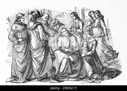 Zacharie écrit le nom de Jean, d'après une peinture de Domenico Ghirlandaio. Gravure de vies des Saints de Sabin Baring-Gould publiée en 1897. Banque D'Images