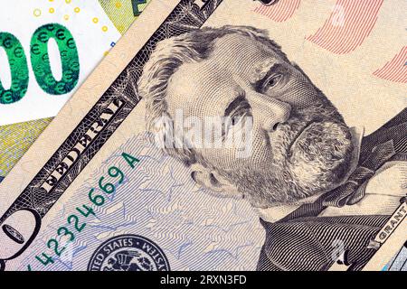 Détails du billet américain de cinquante dollars, un gros plan d'une partie d'un billet d'une valeur nominale de 50 dollars américains Banque D'Images