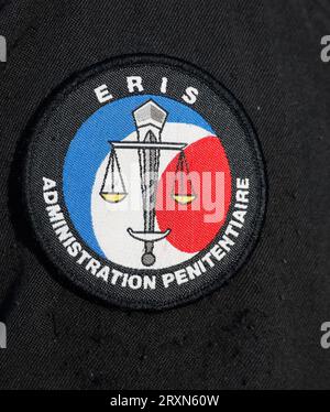 Fleury Merogis, France. 26 septembre 2023. Logo d'ERIS lors de la formation de l'ERIS (Regional Security intervention Team) dépendant de l'administration pénitentiaire à la prison de Fleury Merogis, près de Paris, France, le 26 septembre 2023. Photo de Jean-Bernard Vernier/JBV News/ABACAPRESS.COM crédit : Abaca Press/Alamy Live News Banque D'Images