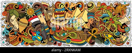 Illustration vectorielle avec le thème Egypte doodles. Design de bannière vibrant et accrocheur, capturant l'essence de la culture et des traditions égyptiennes à travers Illustration de Vecteur