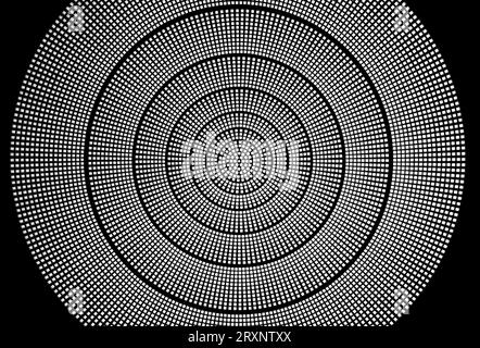 Dessin géométrique circulaire qui crée des effets optiques. Plusieurs cercles concentriques remplis de carrés carrelés. Noir et blanc Banque D'Images
