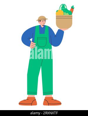 Personnage debout jardinier plat illustration fermier tenant le panier plein de légumes Illustration de Vecteur