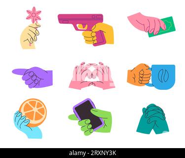 Ensemble de gestes de main collection d'illustration de dessin animé de symbole tenant l'objet et faisant signe Illustration de Vecteur
