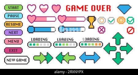 Interface d'icône de jeu vidéo d'arcade pixel 8 bits de collection de jeu graphique Illustration de Vecteur