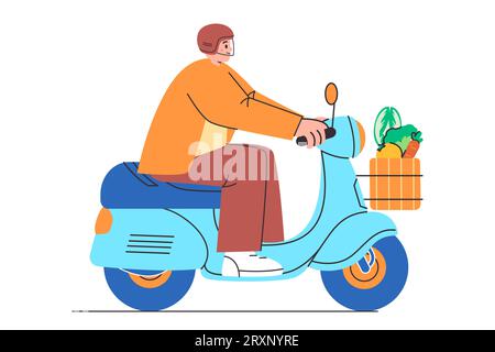 Scooter Motor Bike livraison acheter épicerie frais service de transport de courrier de légumes frais illustration de ligne plate colorée Illustration de Vecteur