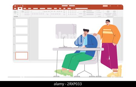 Présentation de diapositives édition créer réviser les pages deux personnes modifient coworking collègue dans le bureau Illustration de Vecteur