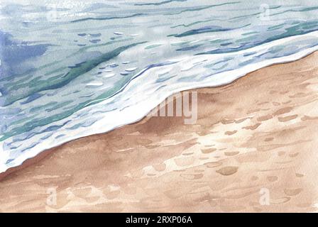Plage tropicale d'été avec sable doré et vagues. Illustration à l'aquarelle dessinée à la main. Parfait pour les agences de voyage, les livrets et les cartes de visite Banque D'Images