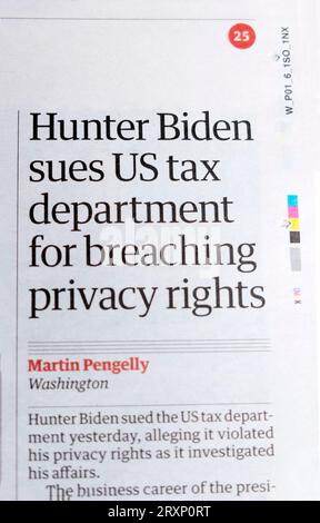 'Hunter Biden poursuit le département fiscal américain pour violation des droits de la vie privée' journal Guardian titre article IRS 19 septembre 2023 Londres Royaume-Uni Banque D'Images