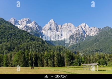 Mont Spik et groupe de montagnes Martuljek, Alpes juliennes, Slovénie Banque D'Images