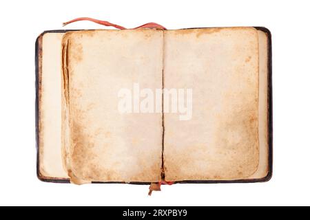 Livre rétro à l'ancienne étalé ouvert papier taché endommagé avec des pages vides vierges, vue de dessus de table de livre ouvert antique, prise de vue d'en haut, objet isolé Banque D'Images