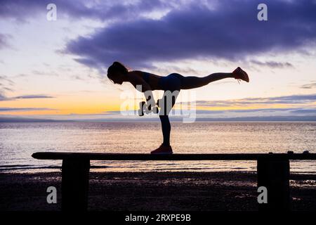 Silhouette de femme s'exerçant avec des haltères sur le dessus du banc côtier au crépuscule nuageux Banque D'Images