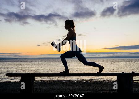 Silhouette de femme s'exerçant avec des haltères sur le dessus du banc côtier au crépuscule nuageux Banque D'Images