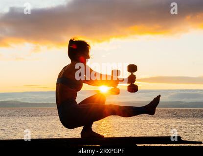 Silhouette de femme s'exerçant avec des haltères sur le dessus du banc côtier au crépuscule nuageux Banque D'Images