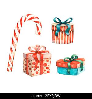 Cadeaux et bonbons aquarelle de Noël. Ensemble d'illustrations dessinées à la main avec trois boîtes rouge et vert couleur bleue et caramel. bonbon rayé. Vacances Banque D'Images