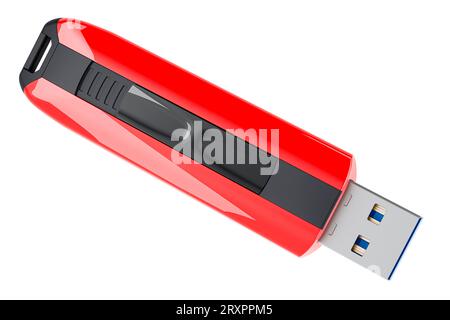 Clé USB, couleur rouge. Rendu 3D isolé sur fond blanc Banque D'Images