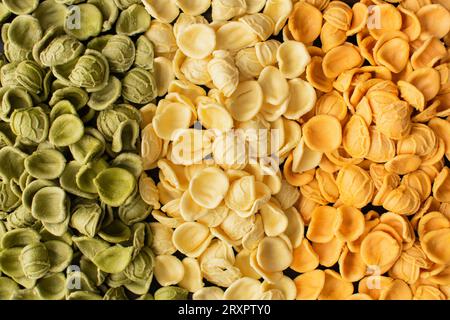 Pâtes à orecchiette tricolores séchées disposées comme un drapeau italien : morceaux de pâtes à orecchiette vertes, jaunes et oranges non cuites disposées en rangées nettes Banque D'Images