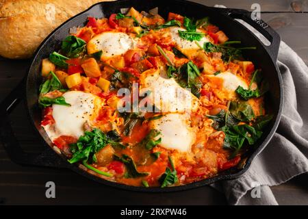 Poêle Ratatouille brunch avec œufs et épinards : aubergines, courgettes, poivrons et ragoût de tomates dans une poêle en fonte Banque D'Images