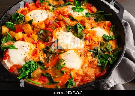 Poêle Ratatouille brunch avec œufs et épinards : aubergines, courgettes, poivrons et ragoût de tomates dans une poêle en fonte Banque D'Images