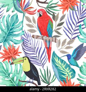 Motif tropical coloré sans couture avec des oiseaux exotiques et des fleurs. Illustration vectorielle. Illustration de Vecteur