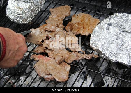 Steak de bœuf sur un grill cuit au charbon de bois et quelques pommes de terre farcies enveloppées dans de l'aluminium dans un après-midi de convivialité avec des amis en famille en plein air Banque D'Images