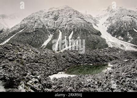 Blue Lake, près du glacier Tasman en hiver. Parc national d'Aoraki Mt Cook, Île du Sud de la Nouvelle-Zélande Banque D'Images