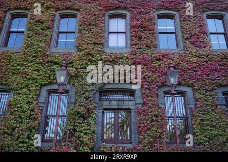 deux lampadaires ou lampadaires à l'extérieur d'un bâtiment historique recouvert de feuillage rouge et vert d'automne ou d'automne Banque D'Images