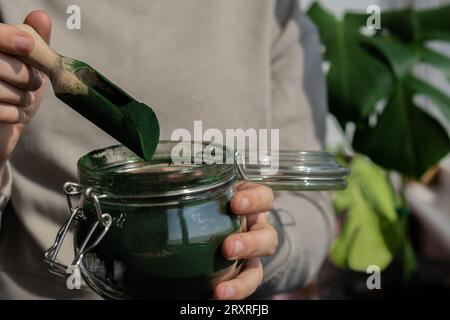 Mains féminines tenant la poudre détox biologique d'algues bleu-vert spiruline dans un pot en verre. Protéine de santé de la chlorella. Vitamines et minéraux à l'alimentation. Concept de superaliment d'algues de complément alimentaire riche en prébiotiques et antioxydants Banque D'Images