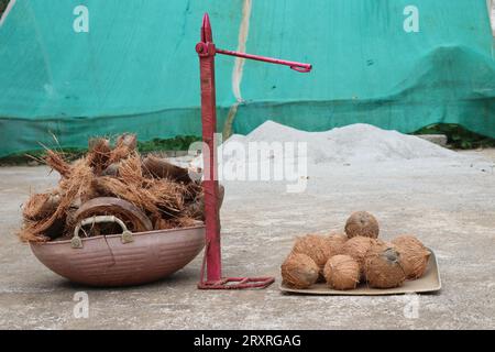 Machine à éplucher la noix de coco avec la noix de coco épluchée d'un côté et les enveloppes sèches restantes après épluchage de l'autre côté remplies dans un panier Banque D'Images