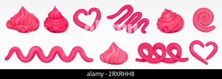 Éléments de conception de crème fouettée rose pour la pâtisserie isolé sur fond transparent. Illustration réaliste vectorielle de décoration crémeuse pour dessert, lignes de tourbillon abstraites et en forme de cœur, garniture pour gâteau Illustration de Vecteur