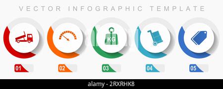 Ensemble d'icônes de transport, icônes diverses telles que camion, compteur de vitesse, kg, brouette et billet, modèle d'infographie vectorielle de conception plate, boutons Web dans 5 co Illustration de Vecteur