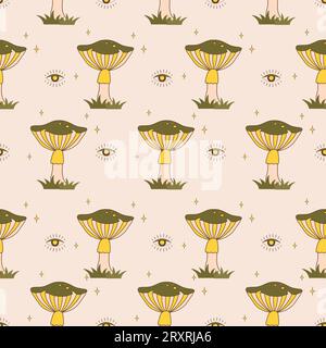 Motif sans couture avec des champignons groovy. Agaric vintage abstrait. Illustration vectorielle hippie dans le style de dessin animé plat. Fond psychédélique Illustration de Vecteur