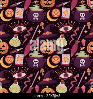 Sorcière de base dans Maroon Magic Seamless Pattern Design Banque D'Images